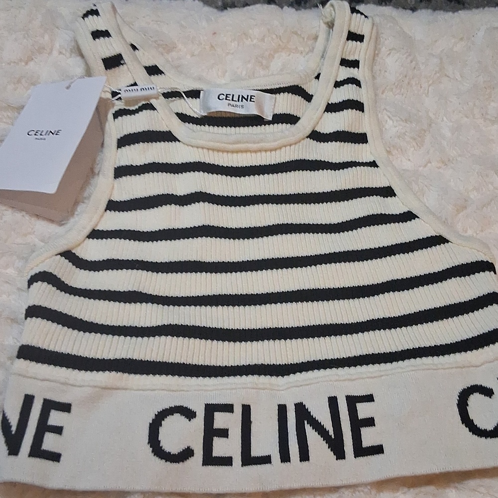 NWT Womens Celine Black and White Striped Crop Tank Top - Picture 2 of 5